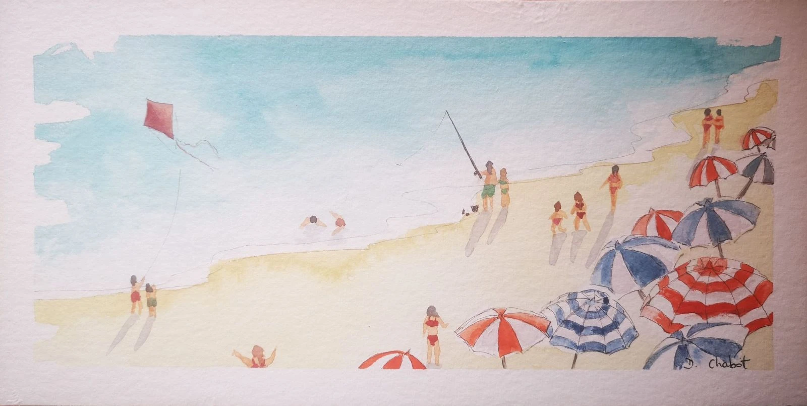 Belle aquarelle panoramique peinte à la main, unique et originale "les vacances à la mer" 